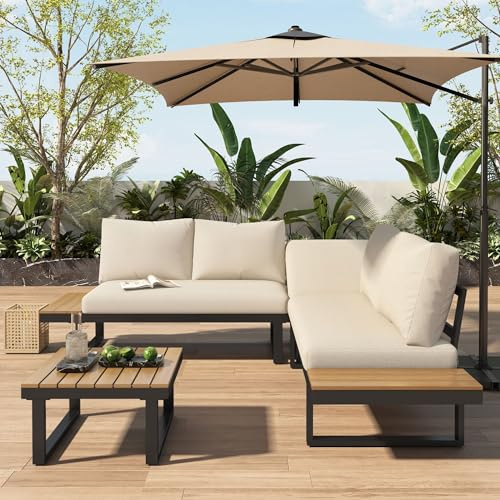 Kayan Gartenmöbel-Set, Balkonmöbel-Set mit Ecksofa, Doppelsofa, Couchtisch, Gartenlounge-Set mit Sitzkissen, Gartensitzgruppe für Terrasse (Beige)