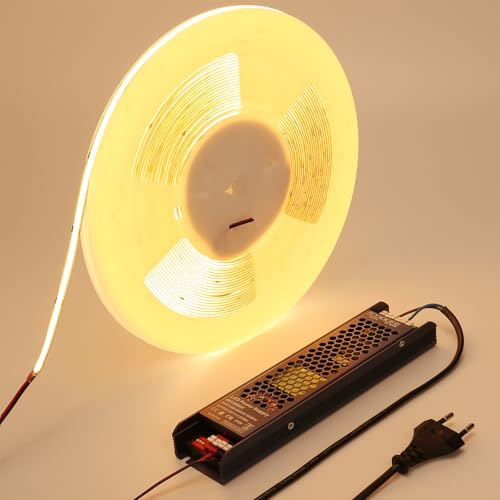 BENLUN 48V COB LED Streifen 20m CRI 92 mit Netzteil | 3000K Warmweiß LED Strip 160W 480LEDs/m Schneidbar Selbstklebend für Schlafzimmer Zimmer Dekoration