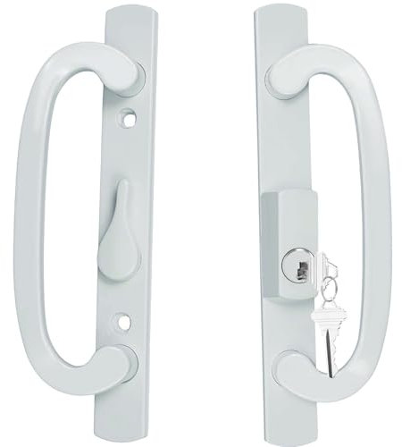 ReigaHood Keyed Sliding Patio Glass Door Handle Set Fits for Truth Legacy & Sash Controls P/N #2265, 45° Keyway w/o Mortise Lock, 3-15/16 Hole Centers, Non-Handed, White Diecast, B Position