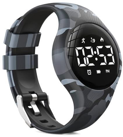 LED Digital Waterproof Pedometer Watch, Non-bluetooth Fitness Tracker, Step Counter, Distance, Vibrating alarm clock, Stopwatch, Great Gift for for Kids Childrens Teens Girls Boys (Camouflage gray)