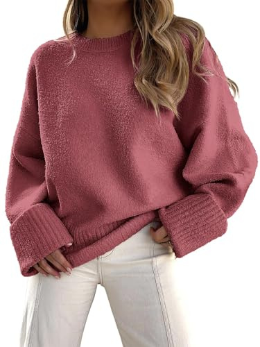 Jhsnjnr Jersey de Punto Gordo Oversized para Mujer Holgado de Manga Larga Tejido de Punto Pullover Cuello Cerrado Holgado Suéter Jerseys, fucsia, L