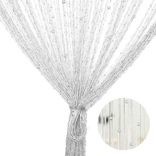 Fadenvorhang Weiße Perlen 100 X 200 Cm, Insektenschutz Türvorhang, Fliegenvorhang für Terrassentür und Balkontür, Perlenvorhang
