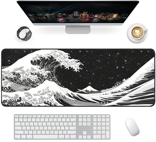 Giecy Tapis de Souris Gaming XXL Mousepad 900 x 400mm, Grand Tapis de Bureau sous Main avec Base en Caoutchouc antidérapante pour Gamer,Personnel de Bureau(Vague de mer-Version HD)