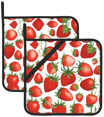 BROLEO Set di 2 presine da 20,3 x 20,3 cm, resistenti al calore e durevoli, accessori da cucina con tessuto impermeabile, immagine di fragole rosse e frutta
