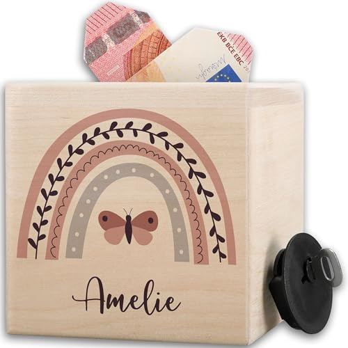 Spardose Holz - Holzspardose Regenbogen personalisierte Sparbüchse Mädchen I Taschengeld Geschenk Holzspardose - 10x10cm - Holz - spardosen für Kinder kinderspardose Name geldsparbox Gross