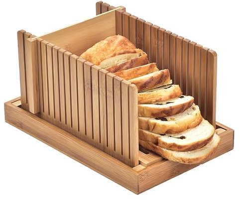 Adjustable Bamboo Bread Slicer with Detachable Wooden Guide and Crumb Tray for Homemade Bread and Cakes - Perfect for Even Slices and Mess-Free Cutting