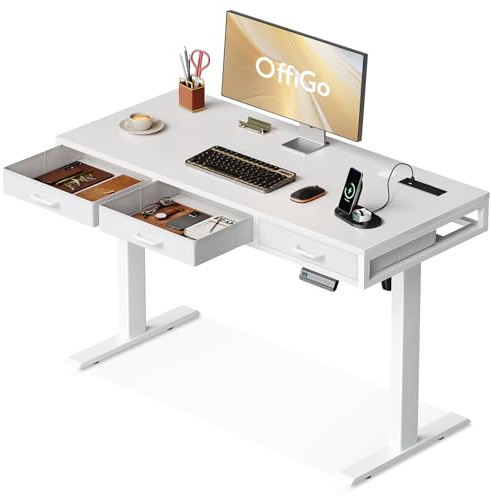 OffiGo Electric Standing Desk with 3 Drawers, 120cm Height Adjustable Desk with Sockets, Sit Stand Rising Computer Table for Home Office, White