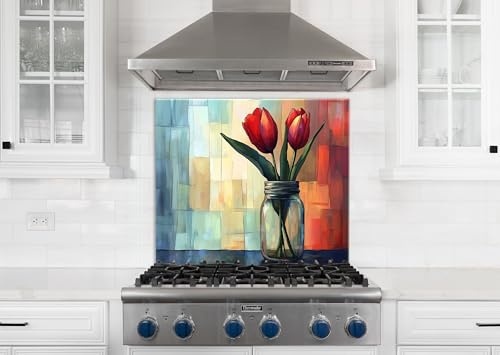 Myphotostation - Protector de pared de cristal templado con diseño de tulipanes rojos en frasco, 109 cm de ancho x 68 cm de alto, diseño floral vibrante, protector de pared de cocina, tabla de cortar