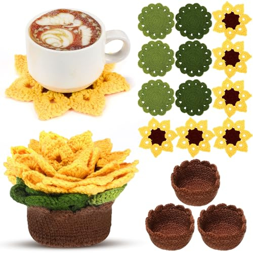 HunnmingRe 15 Pcs 3D Cute Crochet Flower Coasters Set, Spring Summer Floral Table Coasters with Plant Pot Holder, Soft Decorative Cup Mat, Housewarming Gift(Yellow,Sunflower)