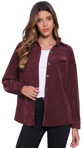 Allegra K Chemises en Velours Côtelé Femme Blouson Boutonnées à Manches Longues Coupe Ample Veste Décontractée d'Automne Bourgogne XS
