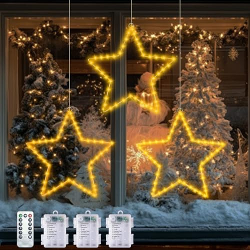 POIFL Luces Navidad Exterior, Set De 3 Piezas, 40led Luz Natal Exterior Con Temporizado, 8 Modos, Estrellas Navidad, Luces Navideñas Interior Para Balcones, Ventanas, Terraza Batería Big Star Lights