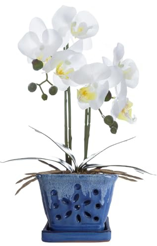 vensovo 14 cm Rectangular Ceramic Orchid Pot with Holes, Blue