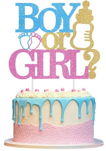 HSC Gender Reveal Cake Toppers, Baby Shower Decorations, Boy or Girl Glitter Cake Topper with Blue Pink Gold, Eco-Friendly Paper Gender Reveal Party Supplies for Baby Shower Cake Decorations