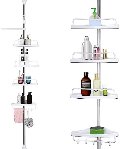 Crystals 4-Tier Corner Shower Caddy – Adjustable 95–300cm Telescopic Bathroom Storage Organizer, Space-Saving Corner Shelf with Durable Design for Toiletries, Shampoo & Accessories (Silver/White)