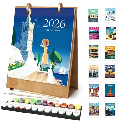 3D-kalender 2026, måla efter siffror bordskalender 2026, gör-det-själv bordskalender med 12 blommor växter, inkl. pensel – perfekt för dekoration/presenter (stad)