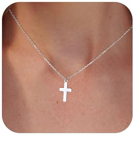 AllenCOCO Sterling Silver Cross Necklace for Women, Silver Plated Dainty Small Cross Pendant Choker Simple Trendy Cute Cross Charm Chain Easter Baptism Religious Faith Jewelry Gift