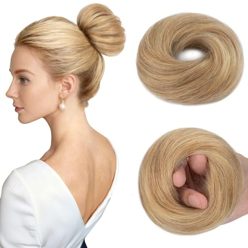 MY-LADY Haarteil Mit Gummiband Dutt Haarteil Haargummi Mit Haaren Glatt 100% Echthaar, Hochsteckfrisuren Haarverlängerung für Damen Mädchen (#12P613 Goldbraun&blond,30g)