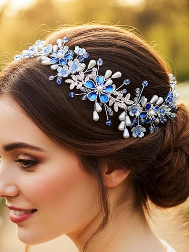 IYOU Couronne Vigne Cheveux Mariage Fleurs Bandeau Bleu Perle Accessoires Cheveux Mariée Invitée Opal pour Femmes