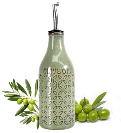 KXZ 19 oz Ceramic Olive Oil Dispenser Bottle for Kitchen, Large Capacity Oli and Vinegar Cruet with Stainless Steel Spout, 540 ml Oil Container with Handle for Cooking Preventing, Vinegar Cruet