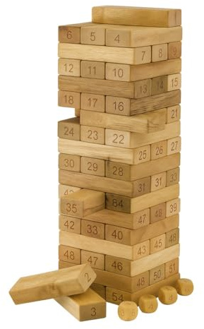 Jeu de Tour en Bois 4 en 1 pour Enfants, Tour Classique, Jeu de Dés, Apprentissage des Chiffres et Puzzle Apprentissage, 54 Blocs de Construction et 4 Dés Inclus, à partir de 36 Mois