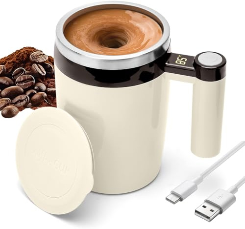 Wapasezyar Tazza auto-mescolante, Tazza auto-mescolante con indicatore di temperatura, acciaio inossidabile 304 Shaker elettrico magnetico con manico per cioccolata calda, caffè, latte (marrone, 400