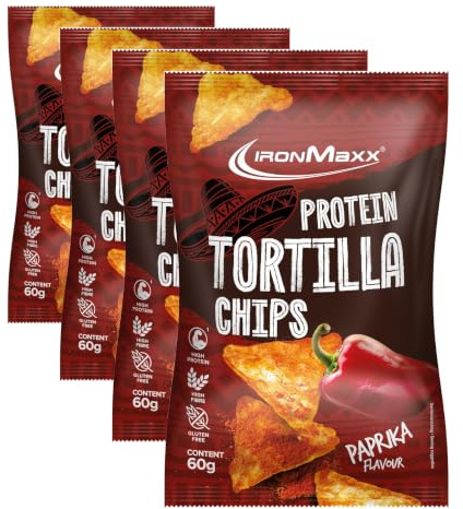 IronMaxx Protein Tortilla Chips – Paprika Bolsa de 60 g | Snack crujiente alto en proteínas de soja y yuca | Rico en fibra y sin gluten | Ideal para una dieta consciente y para llevar (Paquete de 4)
