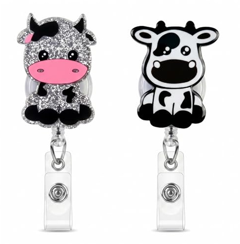 2pcs Porte Badge Enrouleur Acrylique Vache Mignonne, Porte Badge Infirmiere Retractable avec Clip Ceinture, 65cm Cordon Nylon, pour Médecin, Étudiant, Employé de Bureau (Noir et Blanc/Vache)
