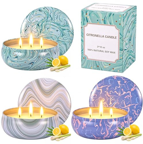 3 Stück340ml Citronella Kerzen Set Outdoor Zitronella Duftkerzen Citronella | Candle Draußen Groß Citronella Kerzen mit 3 Docht aus Sojawachs insgesamt 240h für Garten Terrasse Picknicks Camping Patio