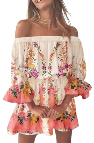 ATEUXOL Damsommarklänningar damer sexig one-shoulder-tryckt klänning sommar strandkjol för, 2, M