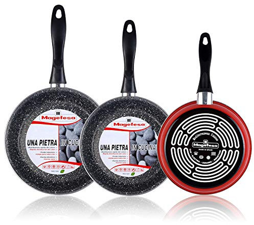 MAGEFESA K2 Rojo - Set Juego 3 Sartenes 18-20-24 cm, inducción, Antiadherente Piedra Libre de PFOA
