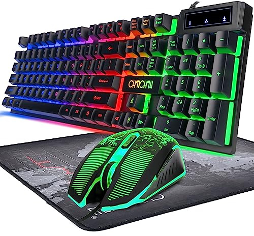 CHONCHOW Gaming Keyboard and Mouse set wired ，Adjustable LED Backlt Keyboard Usb Gaming Keyboard + 4800DPI 6 Buttons Optical Rainbow wired Gaming Mouse + FREE Gaming Mouse Pads