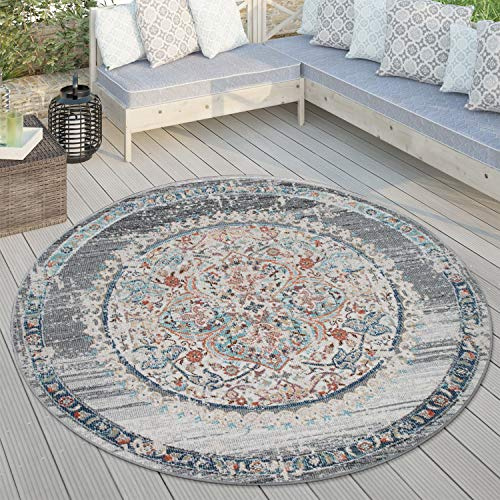 Paco Home Outdoor Teppich Rund, Balkon Wohnzimmer Küchenteppich Vintage Orientalisch Modern Pastell, versch. Farben, Grösse:Ø 160 cm Rund, Farbe:Grau