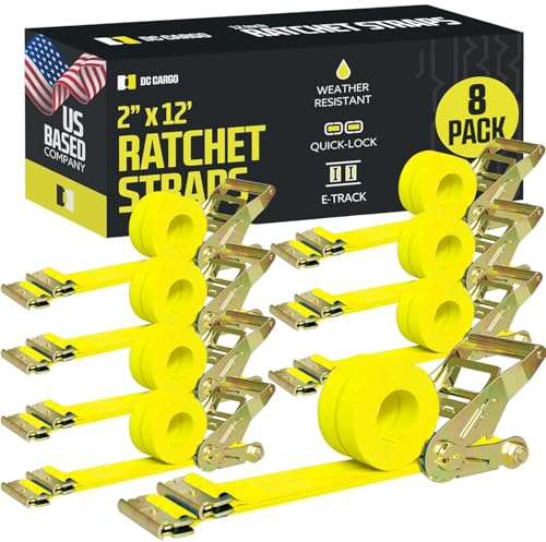 DC Cargo Mall 8 E-Track Ratschenriemen, 2 x 12 Heavy Duty Yellow Polyester Tie-Down Straps, Strong Ratchet, E-Track Spring Fittings, Tie Down Motorrad, Anhängerlast (4)