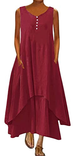 ORANDESIGNE Robe Longue Femme Kaftan en Coton et Lin Robe Ample Col V Boho Plage Eté Robes Décontracté Chic Manches Longues Grande Taille Maxi Robes A-Line 2 in 1 Lin Robes C Bourgogne L