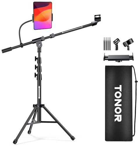 TONOR Mikrofonständer mit Tablet-Halterung, Stativarm für Den Boden, Höhe und Winkel Einstellbar, Strapazierfähiger Ständer mit Tragetasche, Telefon- und iPad-Klemme,T35
