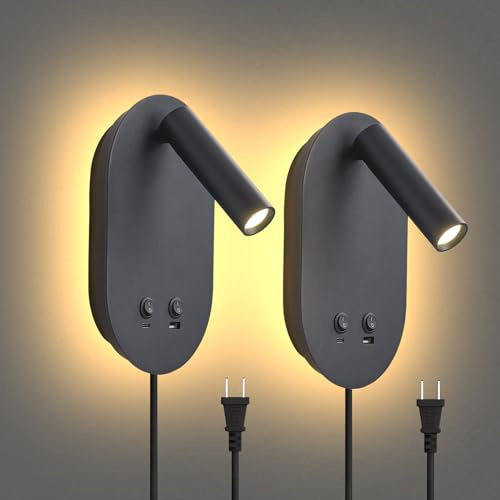 LED Wall Lamp Wall Mounted Reading Lights, Plug in Wall Sconces Set of 2, Multifunctional Wall Light with USB Type C Ports, Adjustable Headboard Spotlight 3W Book Light and 9W Night Light (Black)