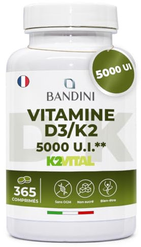 Bandini® Vitamin D3 K2 hochdosiert | 365 Mikrotabletten - 5000 IU (125mcg) pro Tablette - Vitamin D 3 + 100 mcg K2 >99,7+% All-Trans K 2-MK7 | Immunsystem, Knochen | 1 Tablette alle 5 Tage