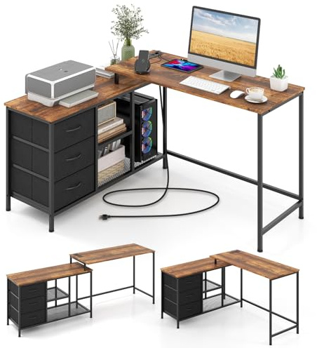 GYMAX L-förmiger Computertisch, Eckschreibtisch mit Schubladen & Regalen, Gaming Tisch mit Steckdose & Monitorständer, PC-Tisch, Stabiler L-förmiger Schreibtisch für Büro & Zuhause(Rustikales Braun)