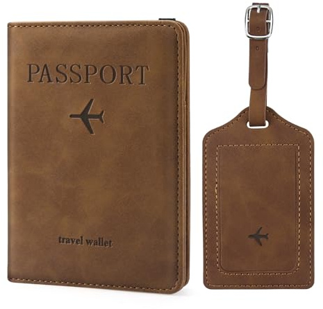 ILIYAH Reisepasshülle Gepäckanhänger-Set - Familien-Reisebrieftasche, RFID-Reisepasshülle aus Leder Deutsch, Gepäckanhänger für Koffer, Europa-Reiseanhänger (Braun Kombination)
