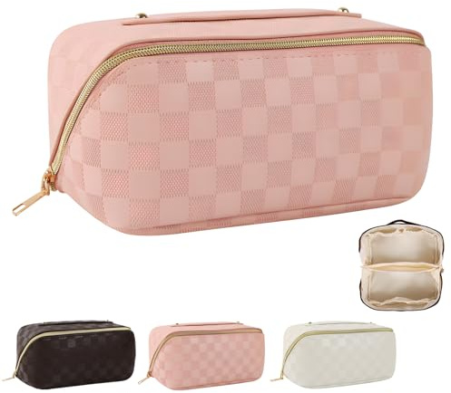 LHLZNB Ultimate Flat Lay Makeup Bag - Stylish Wash Bag & Toiletry Bag for Women | Large Makeup Organizer for Travel & Skincare | Perfect for Cosmetic Storage & Flat Lay Photos (Pink)