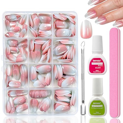 240 Stück Falsche Nägel Tips Set - Rosa Glitzer Gradient Falsche Nägel Zum Aufkleben - Cat Eye Press On Nails - Schimmer Fake Nails, Fingernägel Nagel Tips für Frauen (Rosa Oval Glitzer 06)