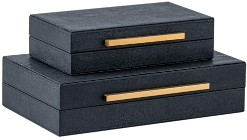 Set of 2 Black Shagreen Storage Boxes with Gold Metal Handles – Faux Leather Jewelry Organizer, Nesting Decorative Box for Photos, Memory Keepsake, Home & Office Decor
