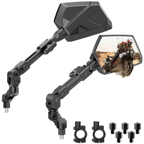 Esploratori Motorcycle Mirrors for All Riders Heights, Extendable Foldable 360° Adjustable Convex Mirrors, M8 M10 Universal Handlebar Mount Compatible with ATV Scooter Dirt Bike Snowmobile