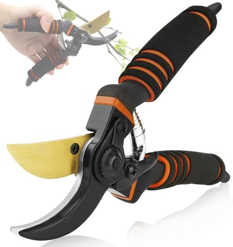NewGF Gartenschere,Pflanzenschonende Baumschere mit Bypass-Schneide für frische Äste und Zweige,Rostfreier Stahl-Stahlklinge,integrierte Feder im Grif,max. Schneid-Durchmesser 25 mm,orange