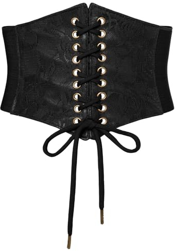 SCARLET DARKNESS Women Medival Belt Elastic PU Leather Lace Patchwork Underbust Corset Belts for Dresses Black M