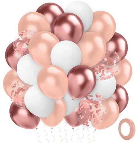 Luftballons Rosegold Weiße Konfetti Ballons Metallic 60 Stück 12 Zoll Luftballons Hochzeitsdeko Deko Geburtstag Mädchen Verlobung Deko Heiratsantrag Deko Valentinstag Dekorationen Graduation Deko