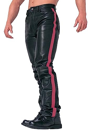 Generisch Lederhose Herren Lang, Motorrad Hosen Herren Leder, Lederjeans Mit Streifen An Den Seiten Bikerjeans Vintage Freizeithose Große Größen Winterhose Warme Winterhose Lässig Schlicht Stoffhose