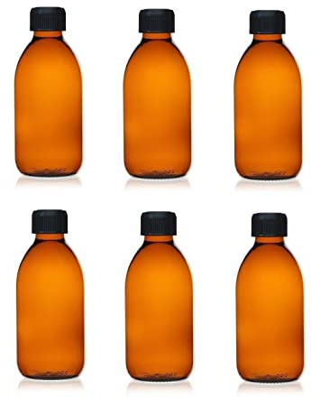 6 x flacons vides en verre ambré avec bouchon - Contenance 250 mL : huiles, lotions, eaux, poudres - cosmétiques, aromathérapie, herboristerie, laboratoire, pharmacie, cuisine.. (FLB250)