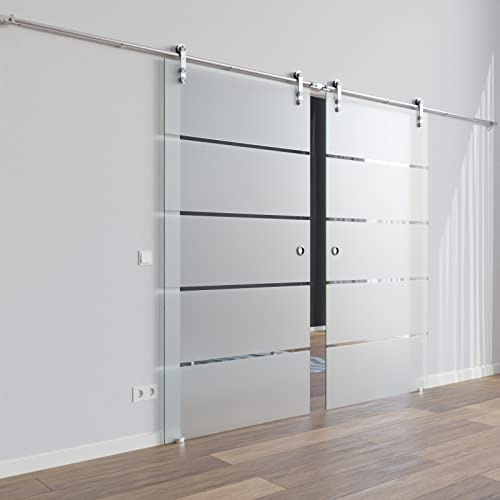 AMOD BP1-900A-DPL: Schiebetürsystem Doppelflügelig ESG 2x900x2050x8mm Dekor P1, Siebdruck; Edelstahl Rollensystem SoftStop; Griffmuschel