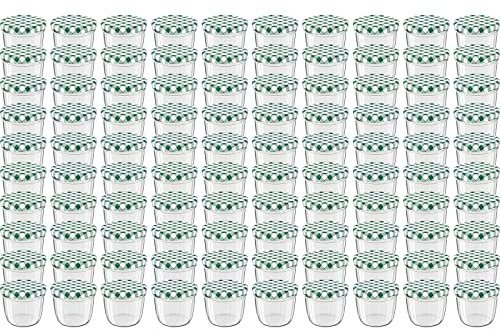 WELLGRO 100x Einmachgläser mit Schraubdeckel - 230 ml, 8,5 x 6,5 cm (ØxH), Glas/Metall, grün karierte Deckel To 82, Gläser Made in Germany, verschiedene Mengen wählbar, Stückzahl:100 Stück